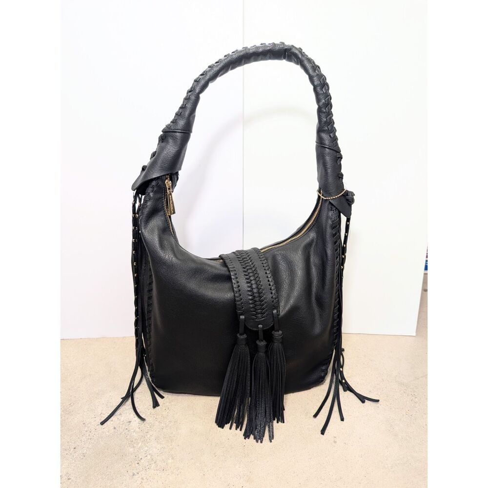 Big Buddha Black Vegan Leather Hobo Bag Whipstitch Tassels Braided Strap Boho